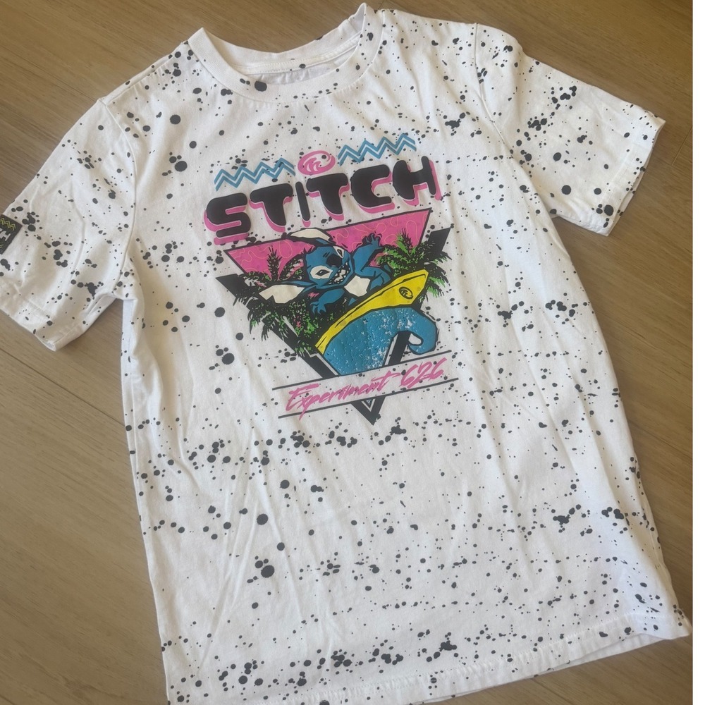 Disney Stitch Experiment 626 Splatter Graphic T-Shirt Kids XL 14 White Surfing